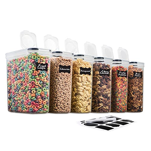 6 Pack Airtight Cereal Food Storage Container - BPA Free Plastic Kitchen and Pantry Organization Canisters for, Dry Pet Food, Flour, Sugar, Rice, Nuts, Snacks & More (135.5 Oz) Labels & Chalk Marker