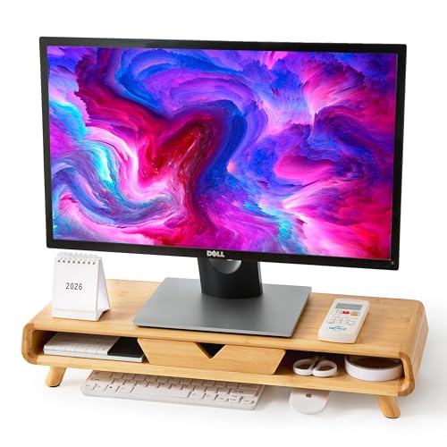 Bamboo Monitor Stand Riser, No Assembly Required Exquisite Monitor Stand with Drawer Ergonomic Height Wood Monitor Stand