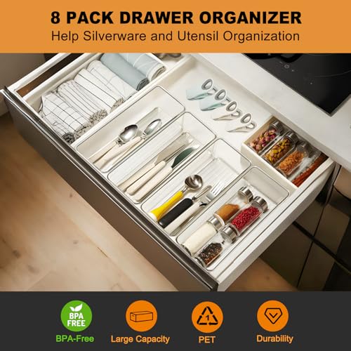 8 Pack Stackable Drawer Organizers, Deep Clear Bins in 2 Sizes - view 2