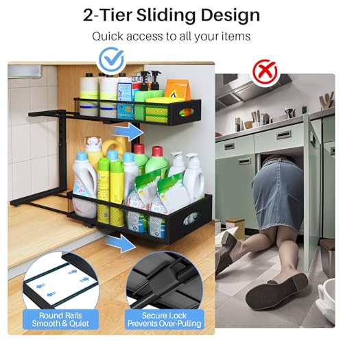 Under Sink Organizer, 2 Pack 2 Tier Pull Out Under Cabinet Organizer Shelf with Pad for Framed Cabinets, Metal Slide Out Under Sink Storage, Mesh Sliding Drawers for Kitchen Bathroom Laundry, Black - view 5
