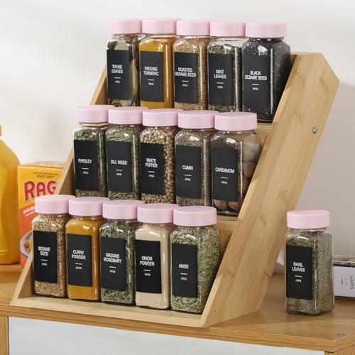 24 Glass Spice Jars with Labels, Spice Jar Set, 4oz Seasoning Containers, Spice Containers with Pink Airtight Lids and Shaker Lids, Square Empty Spice Bottles, 492 Labels, 1 Funnel - view 4