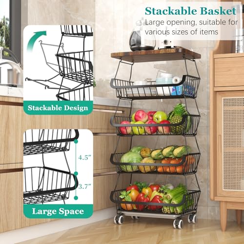 Fruit Basket with Wooden Lid for Kitchen, 5-Tier Stackable Wire Fruit Vegetable Storage Basket Organizer Stand on Wheel, Produce Basket Potato Onion Storage Bins Rack Cart for Pantry - view 3