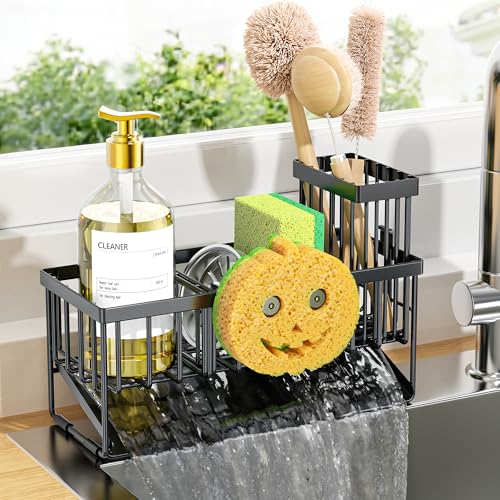 Kitchen Sink Caddy Organzier with High Brush Holder, Sponge Holder for Sink, 304 Rustproof Stainless, Kitchen Countertop Soap Dispenser Organizer (Black With Smiley Face Holder, 9.25″)