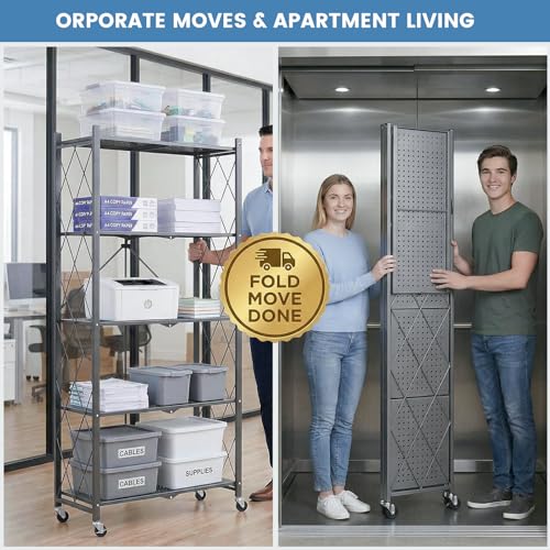 70.7" H Metal Storage Shelves, 5 Tier Folding Storage Shelves on Wheels - view 4