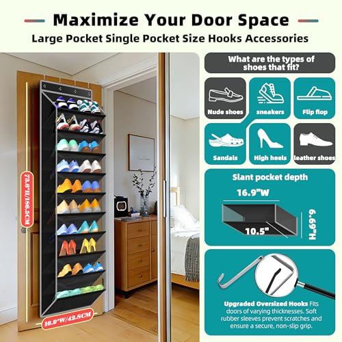 10-Pocket Multi-Use Over the Door Organizer, Heavy Duty 95lbs Capacity with Breathable Mesh, Versatile Hanging Storage for Shoes, Toys, Office Supplies-Classic (Black, 10-Shelf) - view 2