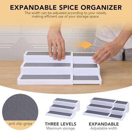 3-Tier Expandable Spice Rack, Plastic Spice Rack Organizer for Cabinet, Adjustable Length, Non-Skid Spice Shelf Organizer for Kitchen Cabinet, Countertop or Pantry, 2 Pack, White/Grey - view 3