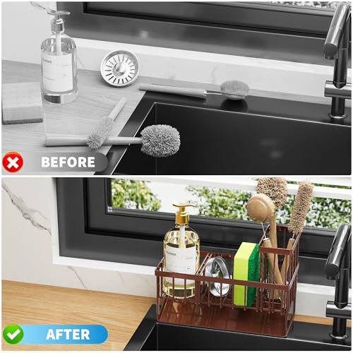 Kitchen Sink Caddy, Sponge Holder for Kitchen Sink, Kitchen Sink Organzier and Storage with High Brush Holder, Rustproof 304 Stainless Gadgets Sink Accessories(Brown) - view 6