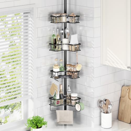 Corner Shower Caddy, 4‑Tier Tension‑Rod Shower Organizer, Black