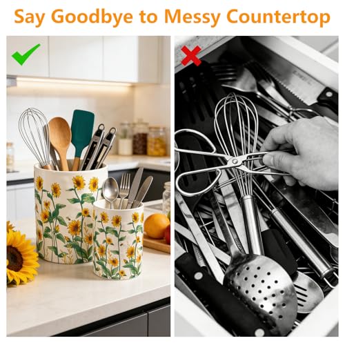 Sunflower Utensil Holder, 7.1"+5.4" Ceramic Utensil Holder for Kitchen Counter, Cooking Utensil Crocks for Countertop, Utensil Storage Container Organizer for Spoon, Sunflower Farmhouse Kitchen Decor - view 5
