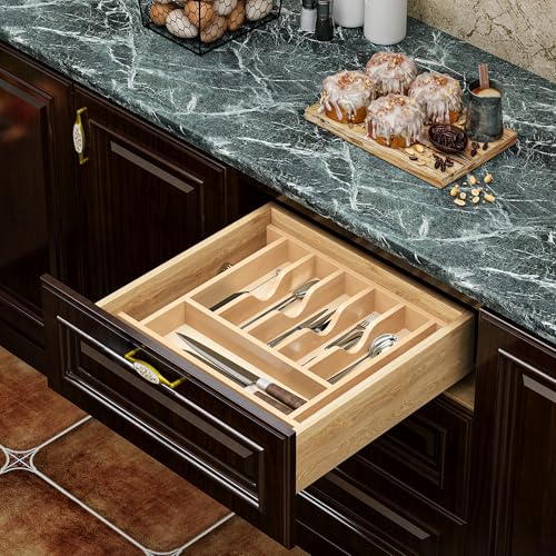 Natural Birch Wood Utensil Drawer Insert Organizer with 9 Compartments, Space-Saving Sturdy Drop-In Cutlery Divider Tray, Kitchen Cabinet Storage for Silverware, Spoons, Forks and Knives - view 6