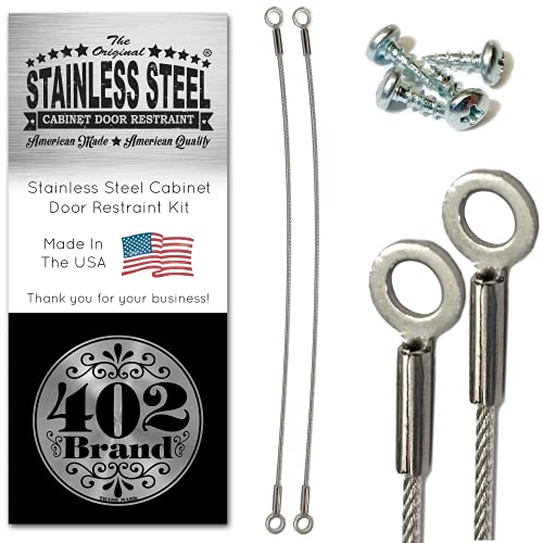 Stainless Steel Cabinet Door Restraint Kit. Made in USA. Flexible Braided Cable. Cupboard Hinge Limiter. Restrict Cabinet Door Swing. Limit Door Opening Angle.
