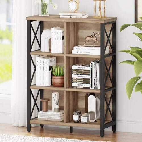 Bookcase and Bookshelf, Rustic 6 Cube Storage Organizer Shelf, Industrial 4 Tier Wood and Metal Cubby Book Shelf for Living Room, Bedroom, Kitchen, Entryway (Rustic Oak)