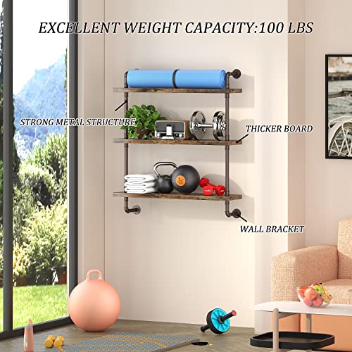 3 Tier Industrial Pipe Shelf Rustic Wood Floating Shelves,Wall Display Bookshelf,Storage Rack Sundries Holder for Kitchen Office Bathroom Organization and Home Decor (24inch) - view 4