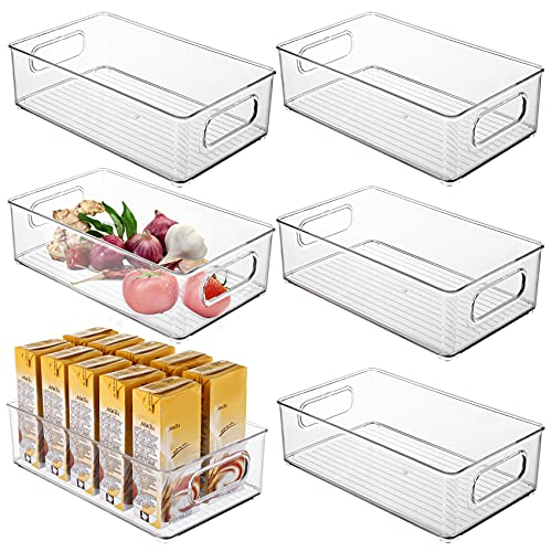 6 Pack Plastic Storage Bins for Pantry, Refrigerator, Countertop, Cabinet Organization, Stackable Food Storage Organizer with Handles, BPA Free, 10 x 6 x 3 Inch