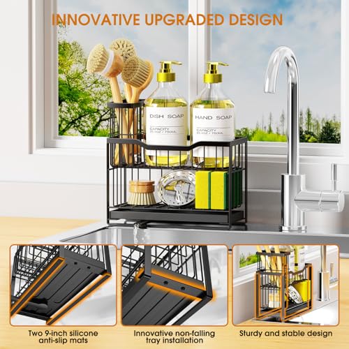 2-Tier Kitchen Sink Caddy, Rustproof Sponge Holder, Black - view 3