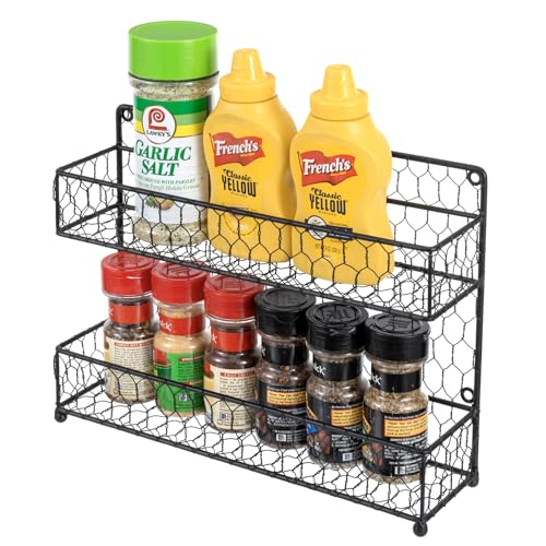 Spice Rack Wall Mount, Counter 2 Tier Spice Rack, over the Stove Seasoning Jar Storage Organizer, Black Metal Wire, Kitchen Farmhouse Style