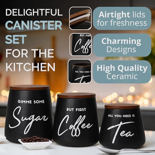 Modern Coffee Tea Sugar Container Set, 3pc Ceramic Storage Jar, Matte Black - view 6
