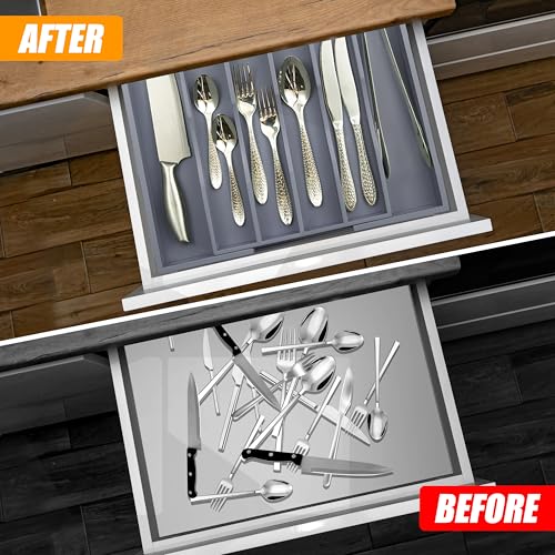 Kitchen Silverware Drawer Organizer and Storage Bamboo Wood Cooking Utensil Holder Cutlery Knife Jewelry Spice Rack Spoon Fork Multi Cabinet Organization Bathroom Counter Expandable Adjustable Tray - view 4