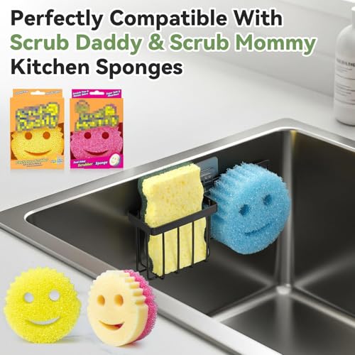 [Space Saving] Sponge Holder for Kitchen Sink, Great for Scrub Daddy/Scrub Mommy Sponges, Rust-proof Sink Sponge Caddy Organizer for Dish Brush, Scrubber - with Suction Cups & Hooks, Black - view 2