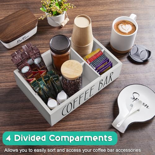 White Coffee Station Organizer with Removable Dividers – Wooden Coffee Bar Countertop Organizer for Pods, Stirrers, Sugar Packets & Lids, Kitchen, Office, Café Use - view 4