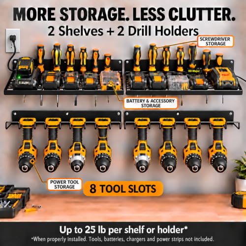 Power Tool Organizer with Charging Station,Drill Holder Wall Mount,Garage Storage Shelves for Organization and Storage,Heavy Duty Pegboard Wall Organizer Set Solid Metal Black 2 Pack 4 Set… - view 2