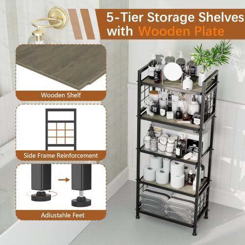 5-Tier Pantry Shelves with Wooden Boards, Heavy Duty Storage Shelves & Book Shelf, Adjustable Metal Shelving Unit for Kitchen Bathroom Laundry Organizer, Sturdy Rust-Resistant, Black - view 4