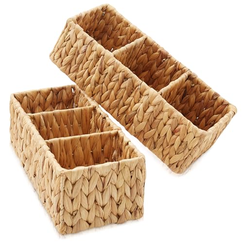 Set of 2 Water Hyacinth Basket Organizers with 3 Sections, Natural - Woven Storage Bins for Bathroom, Laundry, Pantry, Office, Shelves