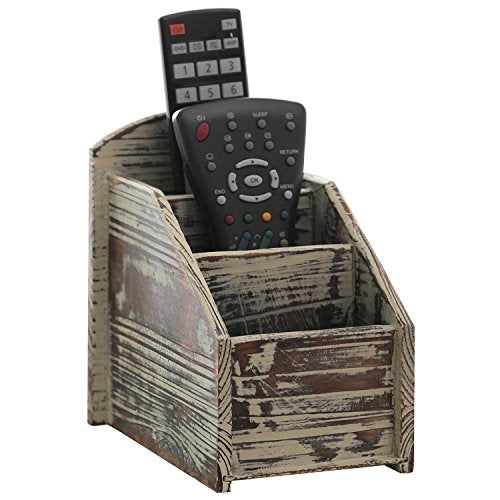 Torched Wood Remote Control Holder, 3-Compartment Tabletop Organizer