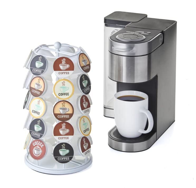 Keurig Coffee Pod Holder Carousel 360 Degree Spinning Organizer for K Cups 13 Inch Tall Compact Counter Storage Solution (35 K Cup Holder | White Black) - view 2