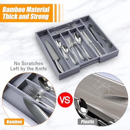 Kitchen Silverware Drawer Organizer and Storage Bamboo Wood Cooking Utensil Holder Cutlery Knife Jewelry Spice Rack Spoon Fork Multi Cabinet Organization Bathroom Counter Expandable Adjustable Tray - view 6