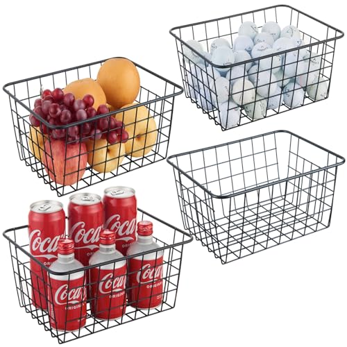 Wire Kitchen Storage Basket 4 Packs,Perfect Pantry Organization Accessories Basket,Laundry Baskets,Countertop Organization,Suitable for Kitchen,Bathroom,Bedroom,Tabletop,Stackable,Black
