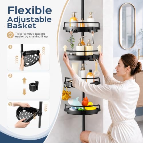 Corner Shower Caddy Tension Pole: Adjustable Stainless Steel Shower Organizer 4 Tier Shelf for Bathroom Bathtub Shampoo - Floor Standing Rack Bath Storage Holder with Rust Proof Rods- Black - view 6