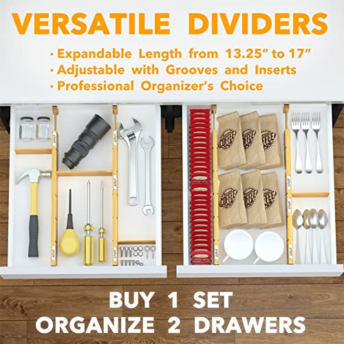 Bamboo 13.25-17“ Drawer Dividers (Need 2.35" Deep Drawer) Kitchen Adjustable Organizers, Expandable Organization for Home, Office, Dressers, 4 Dividers with 9 Inserts - view 6