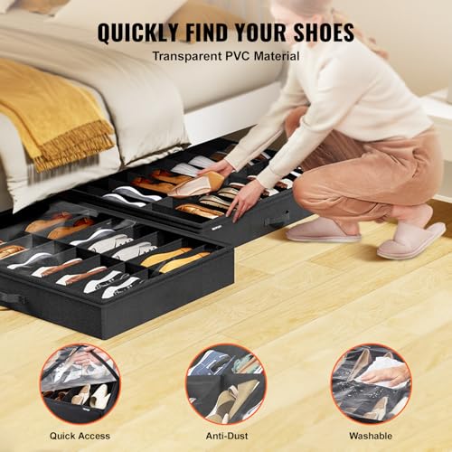 Under Bed Shoe Storage Organizer, Set of 2, Total 32 Compartments, Underbed Shoes Closet Storage Solution with Clear Window, Breathable, Foldable Fabric Container Box with Reinforced Handles - view 6