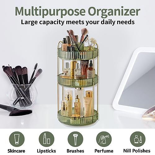 360 Rotating Makeup Organizer,3 Tier Large Capacity Make Up Organizers and Storage,Skincare Perfume Vanity Organizers,Bathroom Cosmetics Storage Organizer Countertop (Green) - view 6