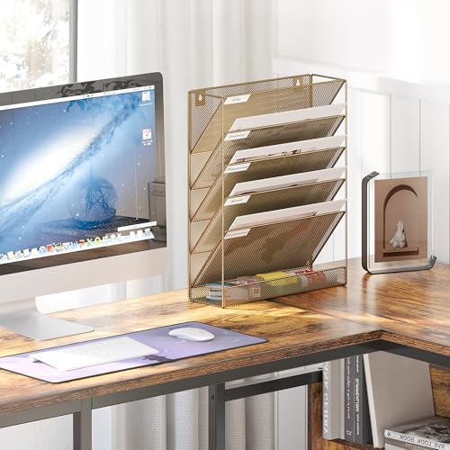 5 Tier Wall File Holder, Mesh Hanging Folder Organizer with Classify Label, Versatile Desk File Holder, Vertical Wall Mounted Mail Organizer for Office Home Cubicle, Gold - view 5