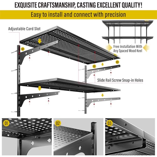 1pack×2 Tier 1.3x3ft Garage Shelving Wall Mounted, 400 lbs Load Capacity,15.6x36inch per Shelf Height Cassette Adjustable Floating Shelves, Black - view 6