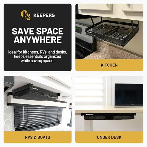 KEEPERS Anything Keeper – Compact 11x10 in Under Cabinet Pull-Down Basket, Hidden Steel Organizer for K-Cups, Spices & Small Items, Magnetic Close, Kitchen RV Desk – Black - view 2