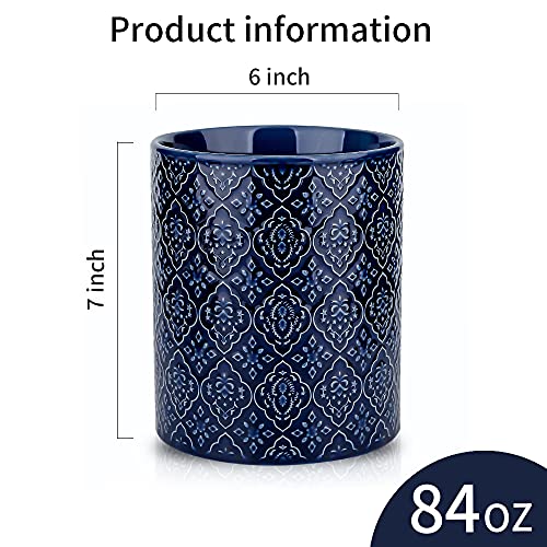Kitchen Utensil Holder, Large Utensil Holders for Countertop, 6 x 7 Inches Ceramic Utensil Crock, Deep and Stable, Cooking Utensil Holder, Embossed Pattern (BLue) - view 3