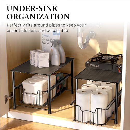 Wired Stackable Under Sink Cabinet Sliding Basket, Black - view 6