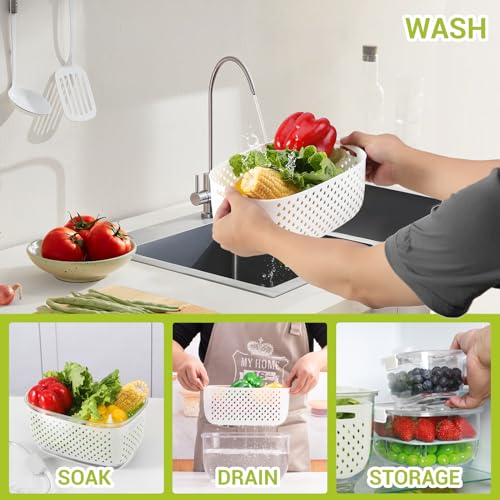 Fresh Produce Vegetable Fruit Storage Containers 3Piece Set, BPA-free, Partitioned Salad Container, Fridge Organizers, Used in Storing Fruits Vegetables, White - view 4