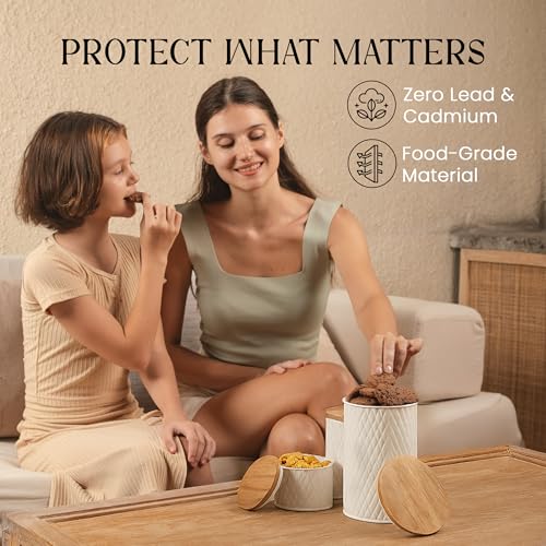 6 Canister Set for the Kitchen Countertop – Metal Food Storage Canisters with Airtight Lids for Flour, Tea, Crafts, Coffee, & Sugar – Container Set with Modern Wood Lids, White - view 6