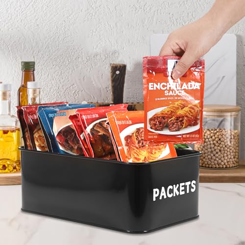 Seasoning Packet Organizer, Food Storage Organizer with Divided 4 Compartments, Metal Storage Caddy for Kitchen Pantry Cabinet, Kitchen Organization Bin for Snacks Spice Packets, Black - view 7