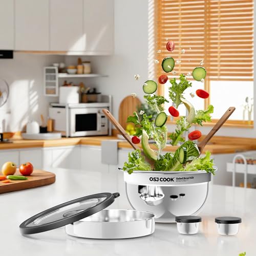 18/8 Stainless Steel Salad Bowl Kit - 74oz, Mixing Bowls with Lids Set, Teakwood - Comes with 1.7oz Condiment Container and Removable Tray for Organization - Leak-Proof, Dishwasher Safe (Silver) - view 5
