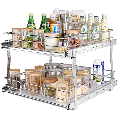 2 Tier 20"Wx21.2"Dx15.2"HPull Out Cabinet Organizer, Heavy Duty Slide Out Pantry Shelves, Steel Roll Out Drawers, Sliding Drawer Storage for Home, 21.5"Wx22.5"Dx19"H Install Size for Cabinet