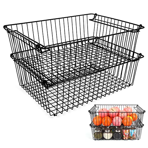 Set of 2 Stackable XXL Wire Baskets For Pantry Storage and Organization -16x12in Large Metal Food Baskets -Vegetable,Fruit,Potato,Onio, Pantry Storage Bins With Handles (Black, XXL)