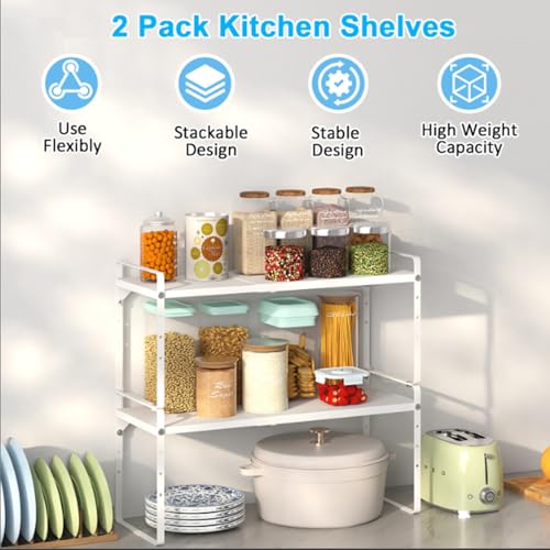 Set of 2 Expandable Cabinet Shelf Organizer, Stackable Kitchen Countertop Shelves Spice Racks, Small Storage Shelf For Cupboard Counter Tabletop, 30 LBS Heavy Duty, Adjustable, 13.8" to 21.6" Long - view 3