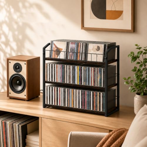 3-Tier CD Storage Rack, CD Holder Tower Holds 123 CDs with Display Top Shelf, Metal and Wood CD Organizer Stand for Standard Jewel Cases, Compact Desktop CD Shelf for Home Office - view 2