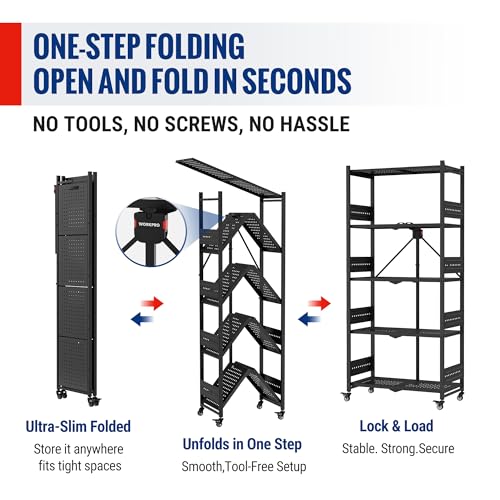 5-Tier Folding Shelf, No-Assembly Metal Storage Rack with Wheels, 750 lbs Capacity (with Leveling Feet), Collapsible Shelving Unit for Kitchen, Pantry, Bathroom & Closet Organization - view 5