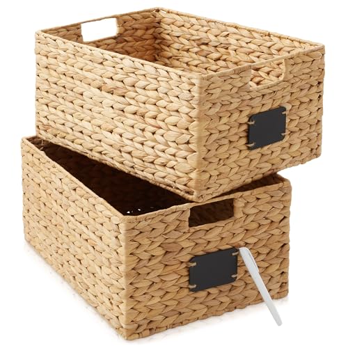 Set of 2 Water Hyacinth Pantry Baskets, 12-1/2" x 17" x 8", with Chalkboard Labels and Chalk Marker - Natural, Woven Storage Bin Organizers for Kitchen Shelves